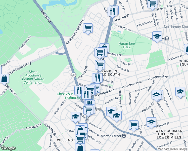 map of restaurants, bars, coffee shops, grocery stores, and more near 12 Hansborough Street in Boston