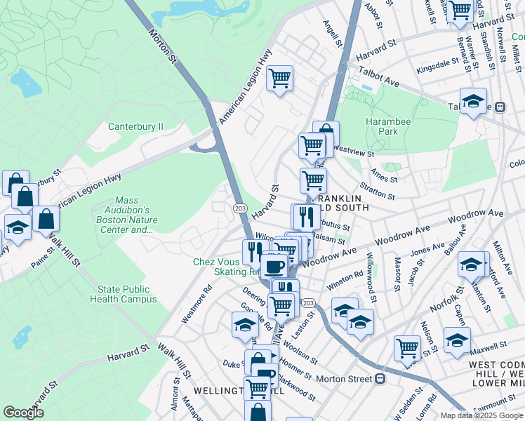 map of restaurants, bars, coffee shops, grocery stores, and more near 48 Hansborough Street in Boston