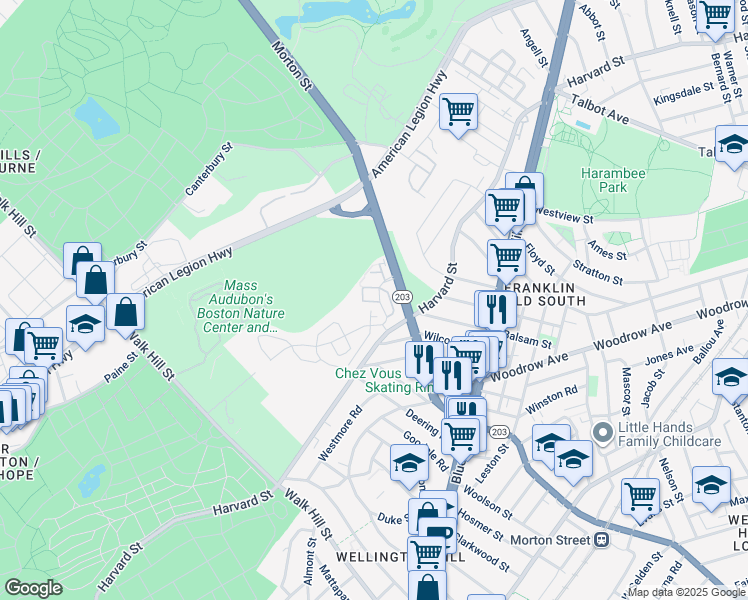 map of restaurants, bars, coffee shops, grocery stores, and more near 19 Blue Jay Circle in Boston