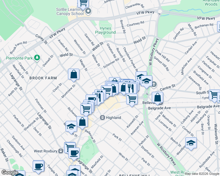 map of restaurants, bars, coffee shops, grocery stores, and more near 45/4 Willow Street in Boston