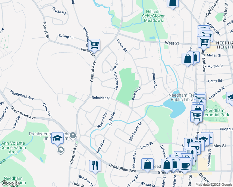 map of restaurants, bars, coffee shops, grocery stores, and more near 11 Nardone Road in Needham
