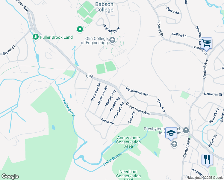 map of restaurants, bars, coffee shops, grocery stores, and more near 20 Whiting Way in Needham