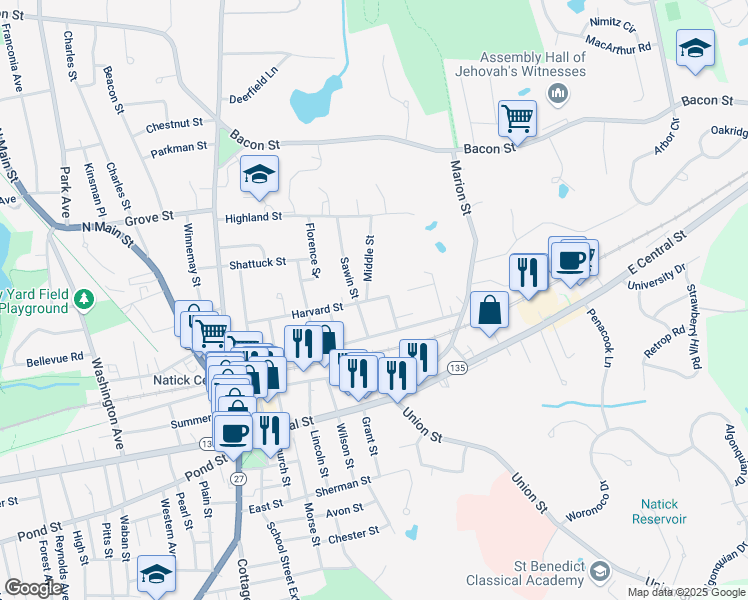map of restaurants, bars, coffee shops, grocery stores, and more near 41 Harvard Street in Natick