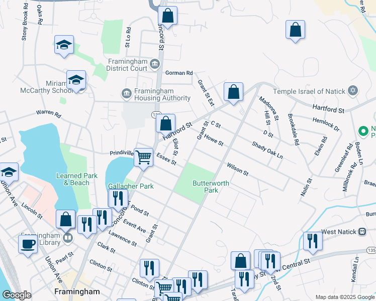 map of restaurants, bars, coffee shops, grocery stores, and more near 307 Grant Street in Framingham