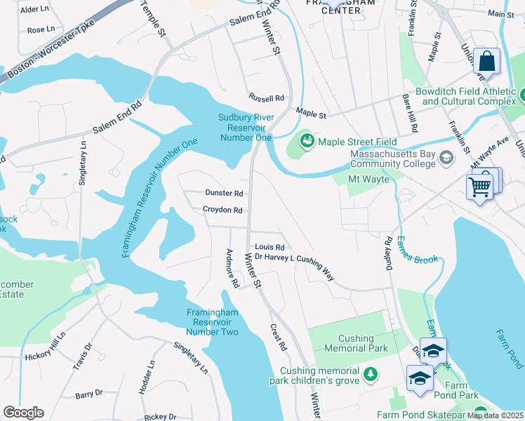 map of restaurants, bars, coffee shops, grocery stores, and more near 342 Winter Street in Framingham