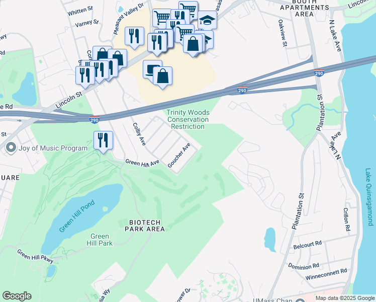 map of restaurants, bars, coffee shops, grocery stores, and more near 14 Goucher Avenue in Worcester