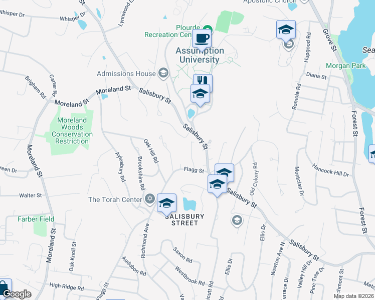 map of restaurants, bars, coffee shops, grocery stores, and more near 11 Dennison Road in Worcester