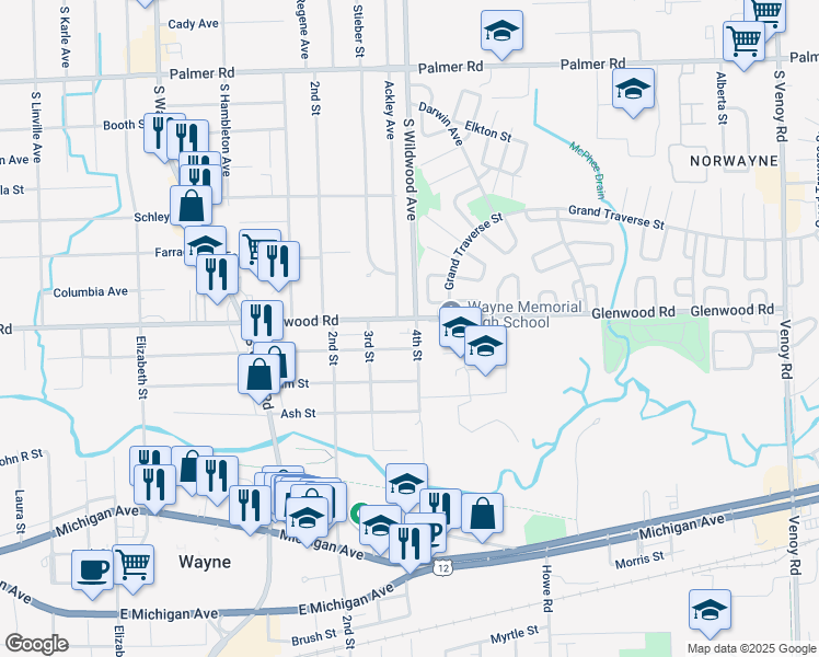map of restaurants, bars, coffee shops, grocery stores, and more near 34544 Chestnut Street in Wayne