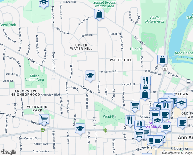 map of restaurants, bars, coffee shops, grocery stores, and more near 721 Brooks Street in Ann Arbor