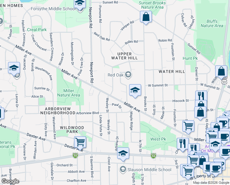 map of restaurants, bars, coffee shops, grocery stores, and more near in Ann Arbor