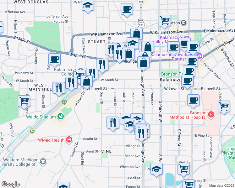 map of restaurants, bars, coffee shops, grocery stores, and more near 417 Locust Street in Kalamazoo