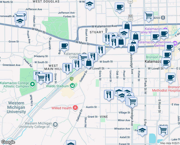 map of restaurants, bars, coffee shops, grocery stores, and more near 951 Bellevue Place in Kalamazoo