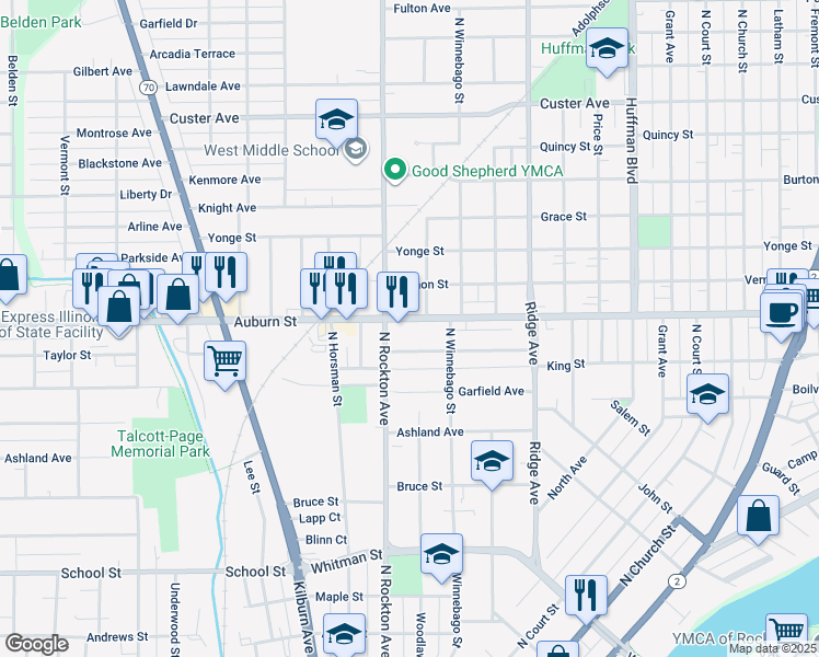 map of restaurants, bars, coffee shops, grocery stores, and more near 2410 Auburn Street in Rockford