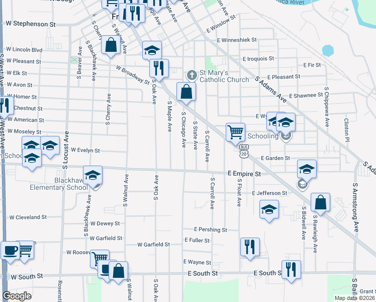 map of restaurants, bars, coffee shops, grocery stores, and more near 1225 South Chicago Avenue in Freeport