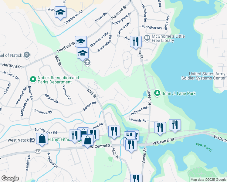 map of restaurants, bars, coffee shops, grocery stores, and more near 20 Kelsey Road in Natick