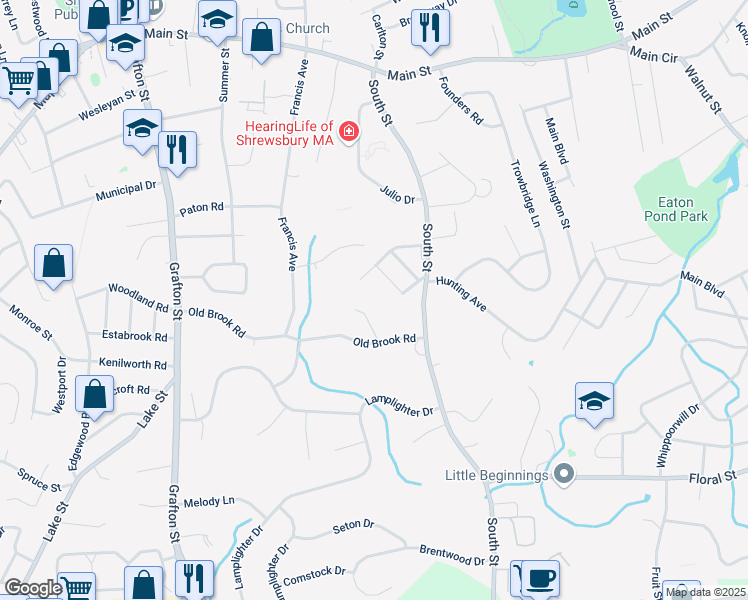 map of restaurants, bars, coffee shops, grocery stores, and more near 37 Farview Avenue in Shrewsbury