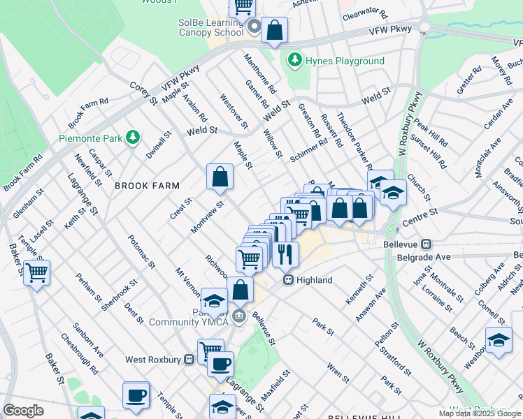 map of restaurants, bars, coffee shops, grocery stores, and more near 10 Chester Place in Boston