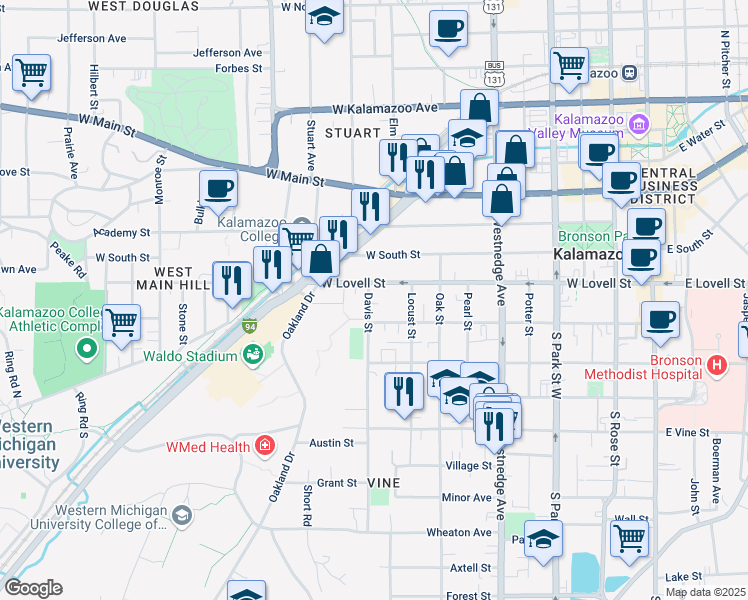 map of restaurants, bars, coffee shops, grocery stores, and more near 415 Davis Street in Kalamazoo