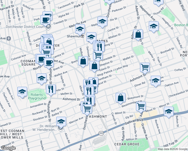map of restaurants, bars, coffee shops, grocery stores, and more near 1847 Dorchester Avenue in Boston