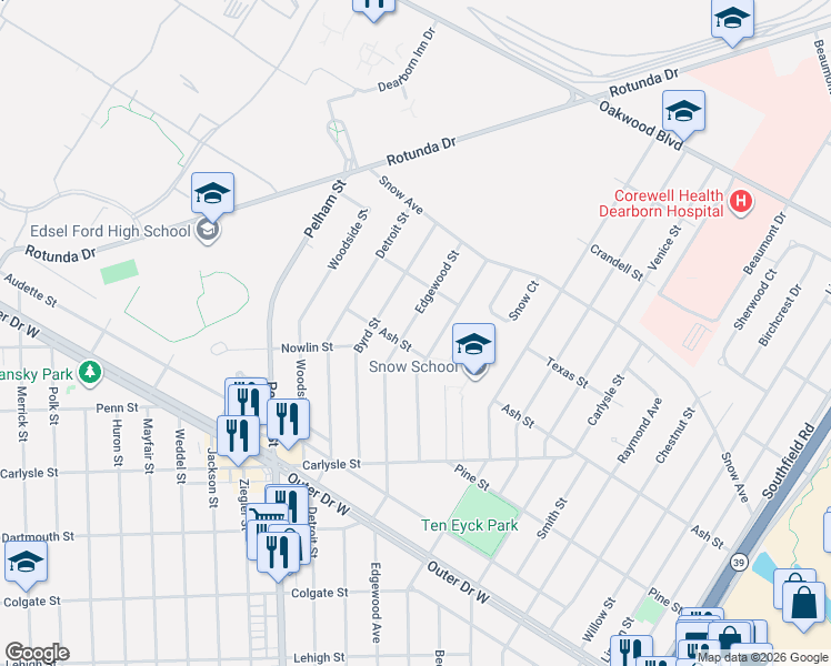 map of restaurants, bars, coffee shops, grocery stores, and more near 2630 Houston Street in Dearborn