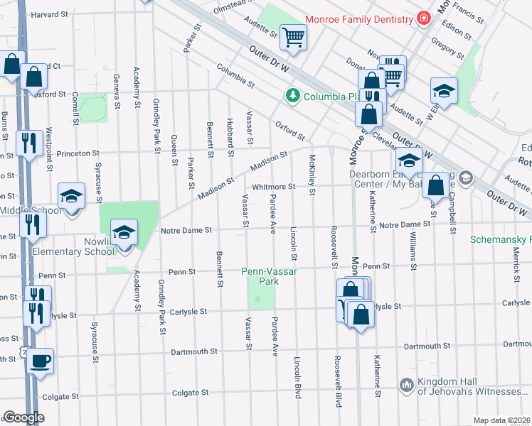 map of restaurants, bars, coffee shops, grocery stores, and more near 3237 Pardee Avenue in Dearborn