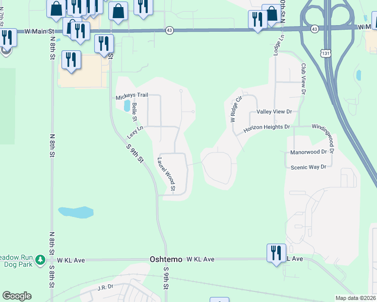 map of restaurants, bars, coffee shops, grocery stores, and more near 6371 Buckham Wood Drive in Kalamazoo