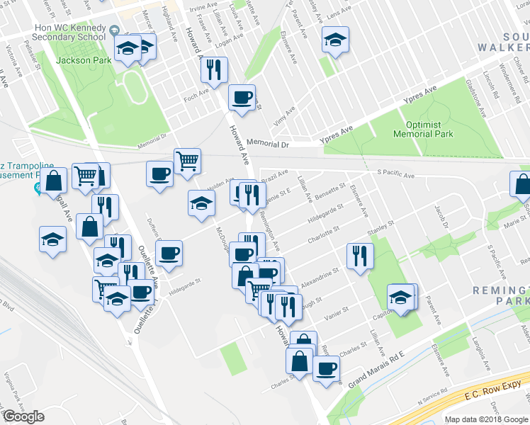 map of restaurants, bars, coffee shops, grocery stores, and more near 2588 Remington Avenue in Windsor