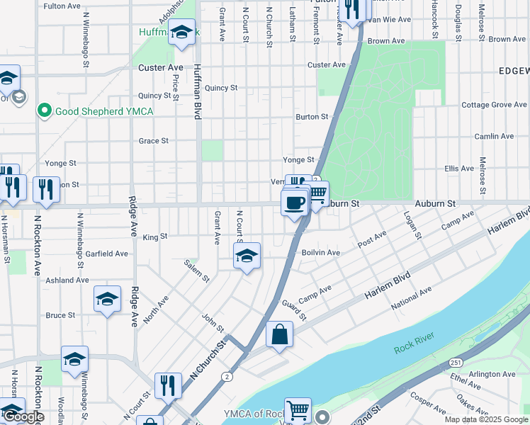 map of restaurants, bars, coffee shops, grocery stores, and more near 1427 North Church Street in Rockford