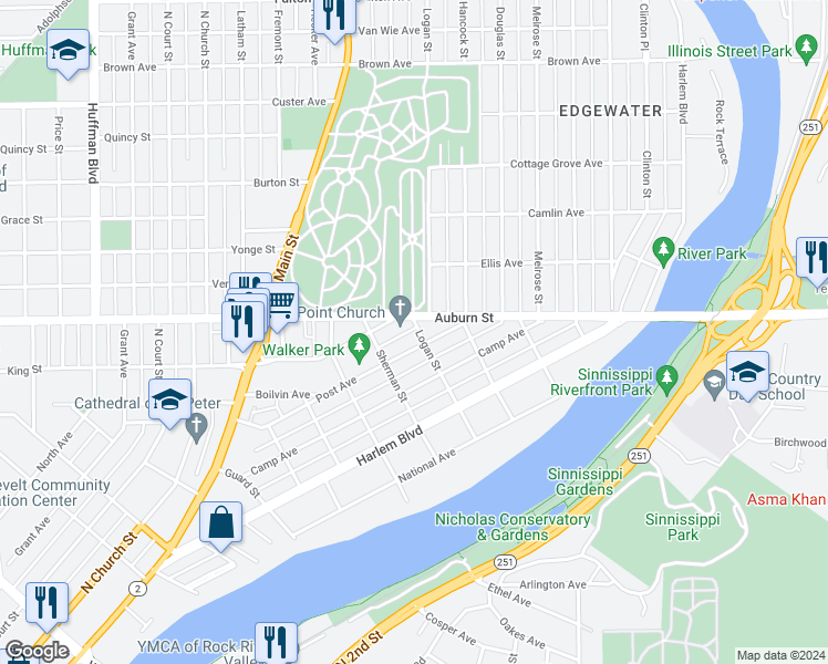 map of restaurants, bars, coffee shops, grocery stores, and more near 410 Logan Street in Rockford