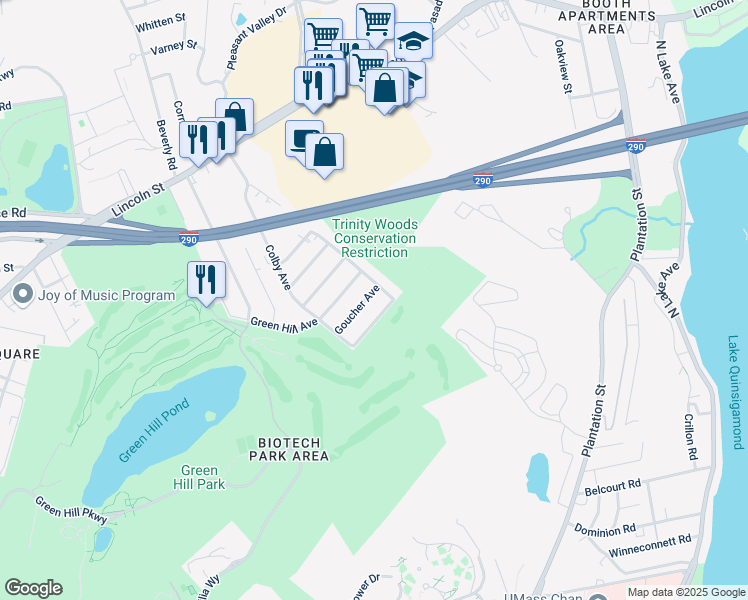 map of restaurants, bars, coffee shops, grocery stores, and more near 14 Goucher Avenue in Worcester