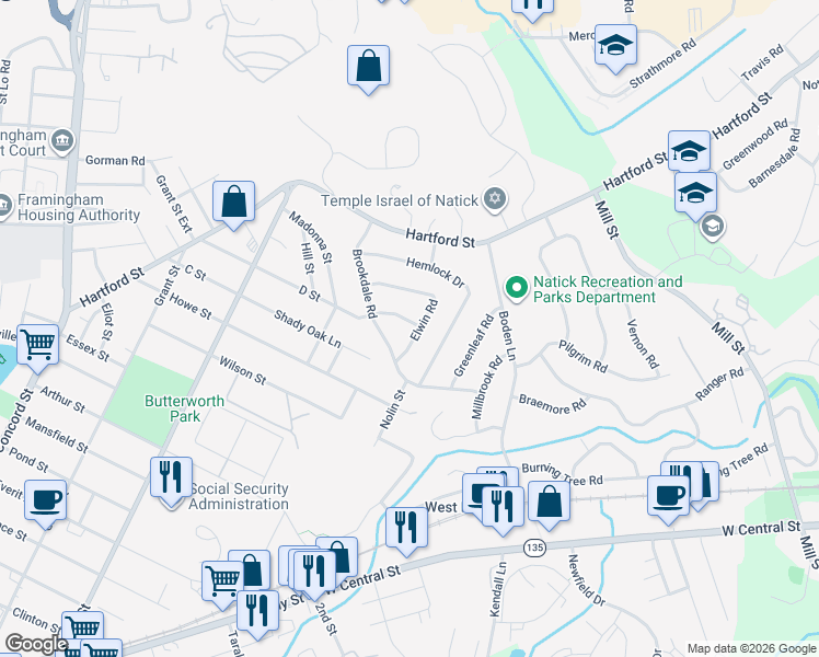 map of restaurants, bars, coffee shops, grocery stores, and more near 2 Ivy Lane in Natick