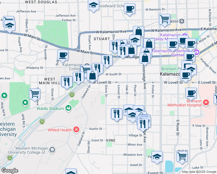 map of restaurants, bars, coffee shops, grocery stores, and more near 821 West Lovell Street in Kalamazoo