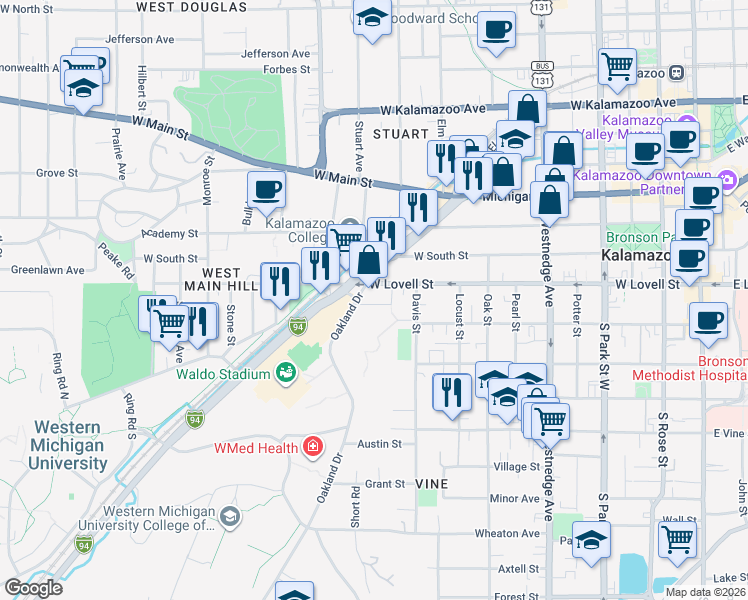 map of restaurants, bars, coffee shops, grocery stores, and more near 951 Bellevue Place in Kalamazoo