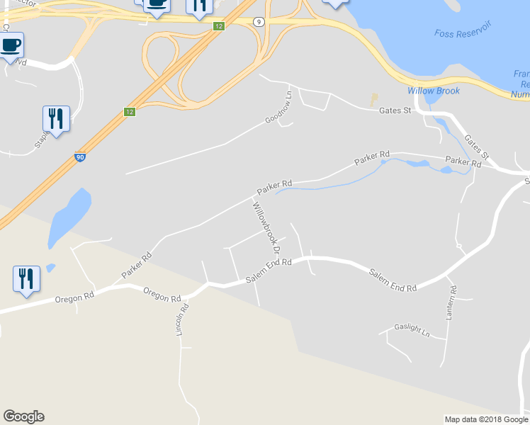 map of restaurants, bars, coffee shops, grocery stores, and more near 19 Willowbrook Drive in Framingham