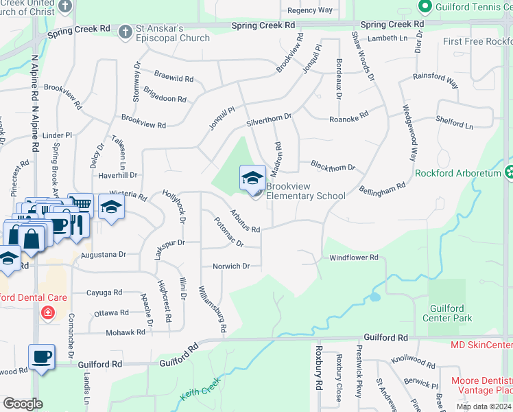 map of restaurants, bars, coffee shops, grocery stores, and more near 1750 Madron Road in Rockford