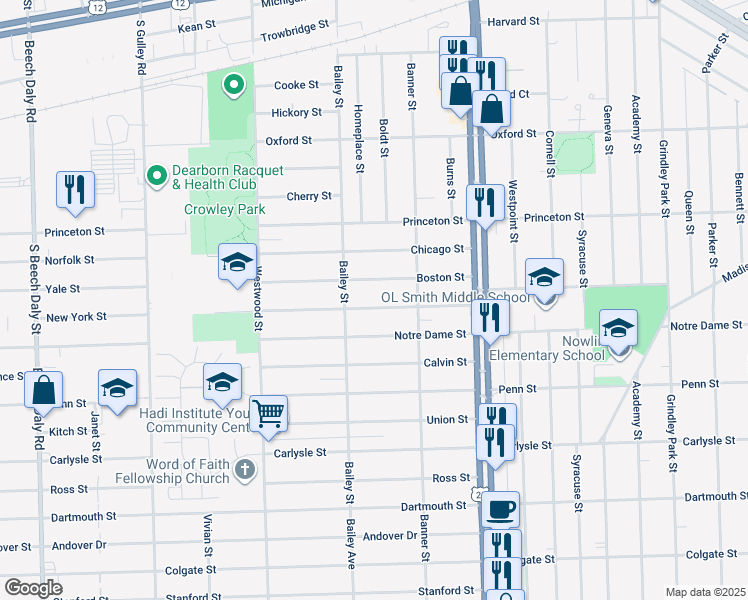 map of restaurants, bars, coffee shops, grocery stores, and more near 24432 New York Street in Dearborn