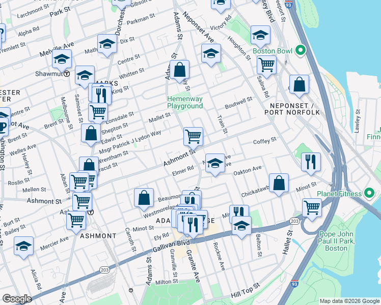 map of restaurants, bars, coffee shops, grocery stores, and more near Adams St & Ashmont St in Boston