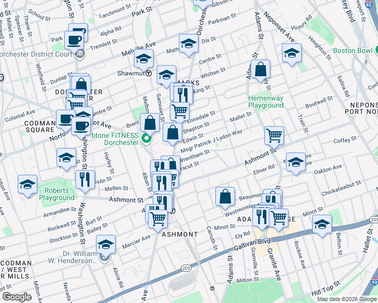 map of restaurants, bars, coffee shops, grocery stores, and more near 30 Wrentham Street in Boston