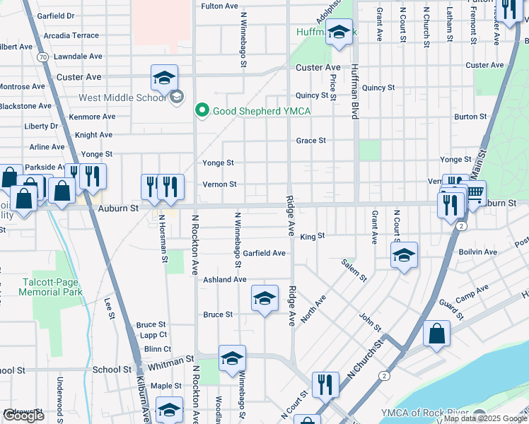 map of restaurants, bars, coffee shops, grocery stores, and more near 2202 Auburn Road in Rockford