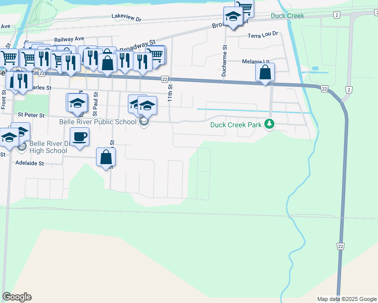 map of restaurants, bars, coffee shops, grocery stores, and more near 308 Christine Avenue in Belle River