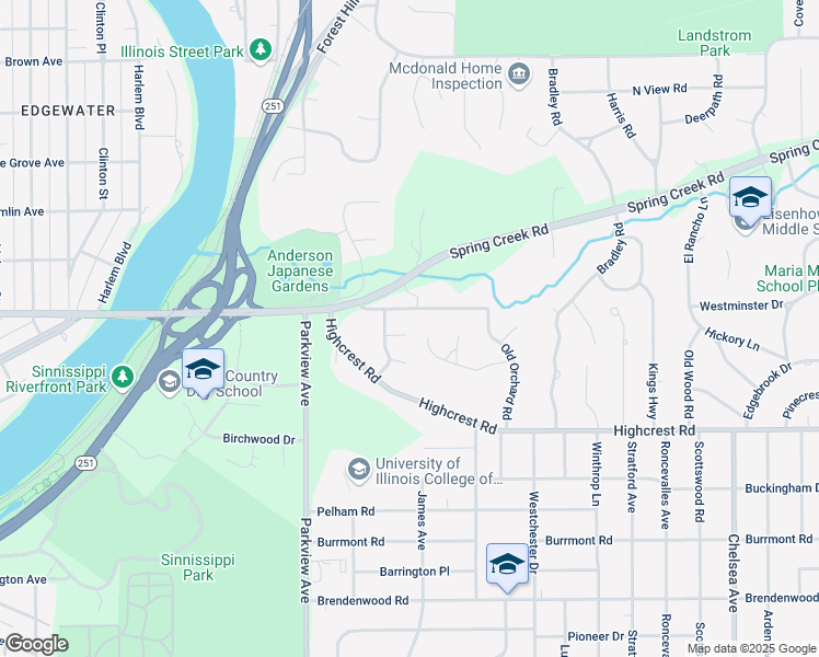 map of restaurants, bars, coffee shops, grocery stores, and more near 2512 Whitehall Circle in Rockford