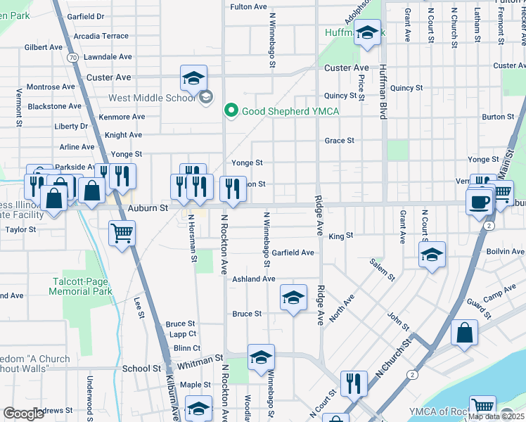 map of restaurants, bars, coffee shops, grocery stores, and more near 2302 Auburn Street in Rockford