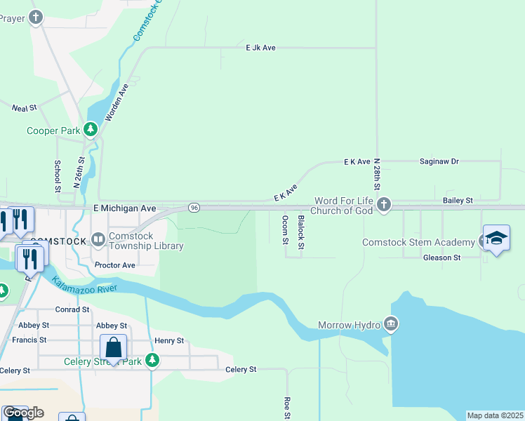 map of restaurants, bars, coffee shops, grocery stores, and more near 6626 East Michigan Avenue in Kalamazoo