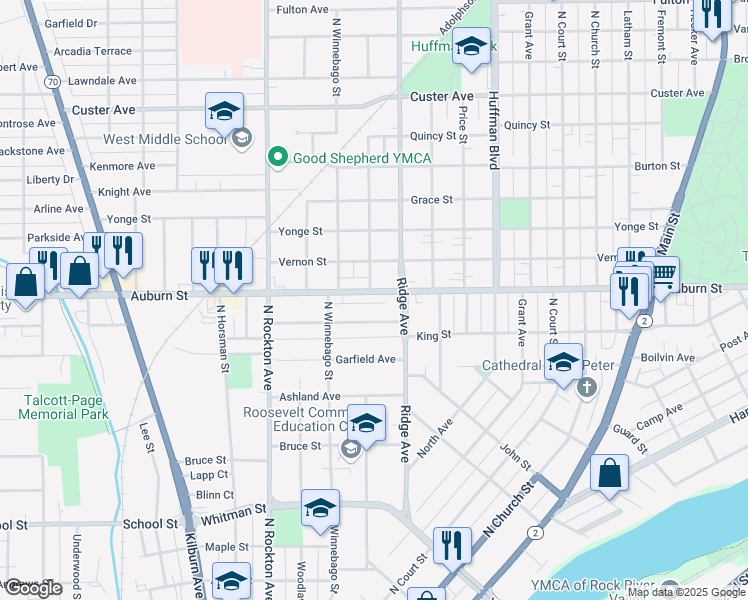 map of restaurants, bars, coffee shops, grocery stores, and more near 2126 Auburn Street in Rockford