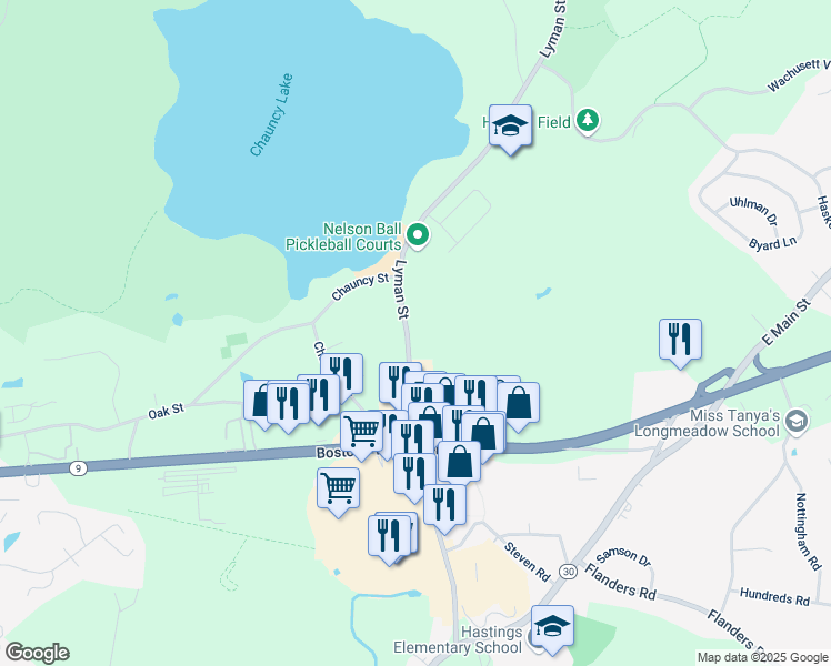 map of restaurants, bars, coffee shops, grocery stores, and more near 53 Lyman Street in Westborough