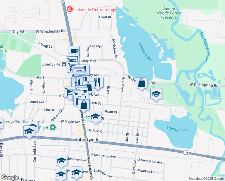 map of restaurants, bars, coffee shops, grocery stores, and more near 510 1st Street in Libertyville