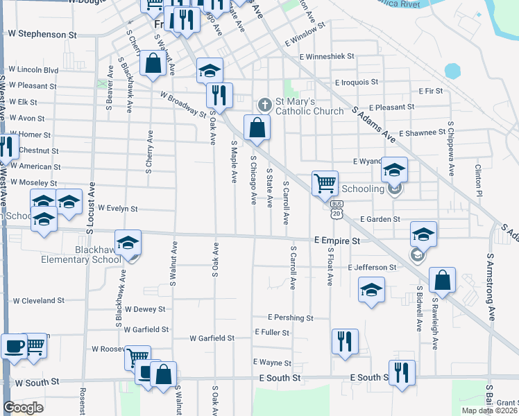 map of restaurants, bars, coffee shops, grocery stores, and more near 1225 South Chicago Avenue in Freeport