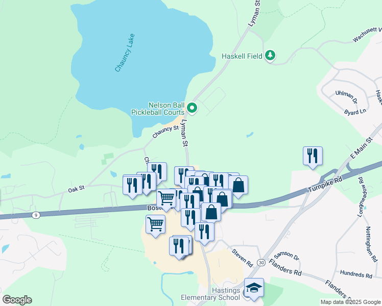 map of restaurants, bars, coffee shops, grocery stores, and more near 53 Lyman Street in Westborough