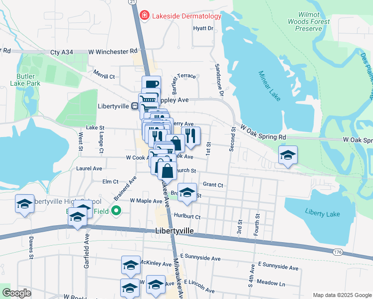 map of restaurants, bars, coffee shops, grocery stores, and more near 148 East Cook Avenue in Libertyville