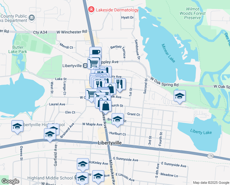 map of restaurants, bars, coffee shops, grocery stores, and more near 148 E Cook Ave in Libertyville